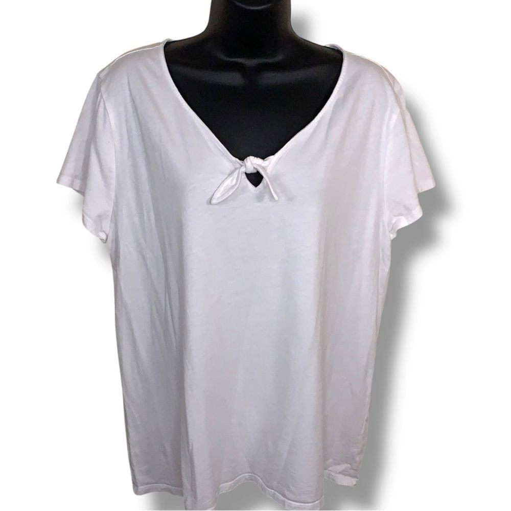 XL Ann Taylor LOFT White Short Sleeve Top Tie Neckline Retro Pinup Cotton Modal